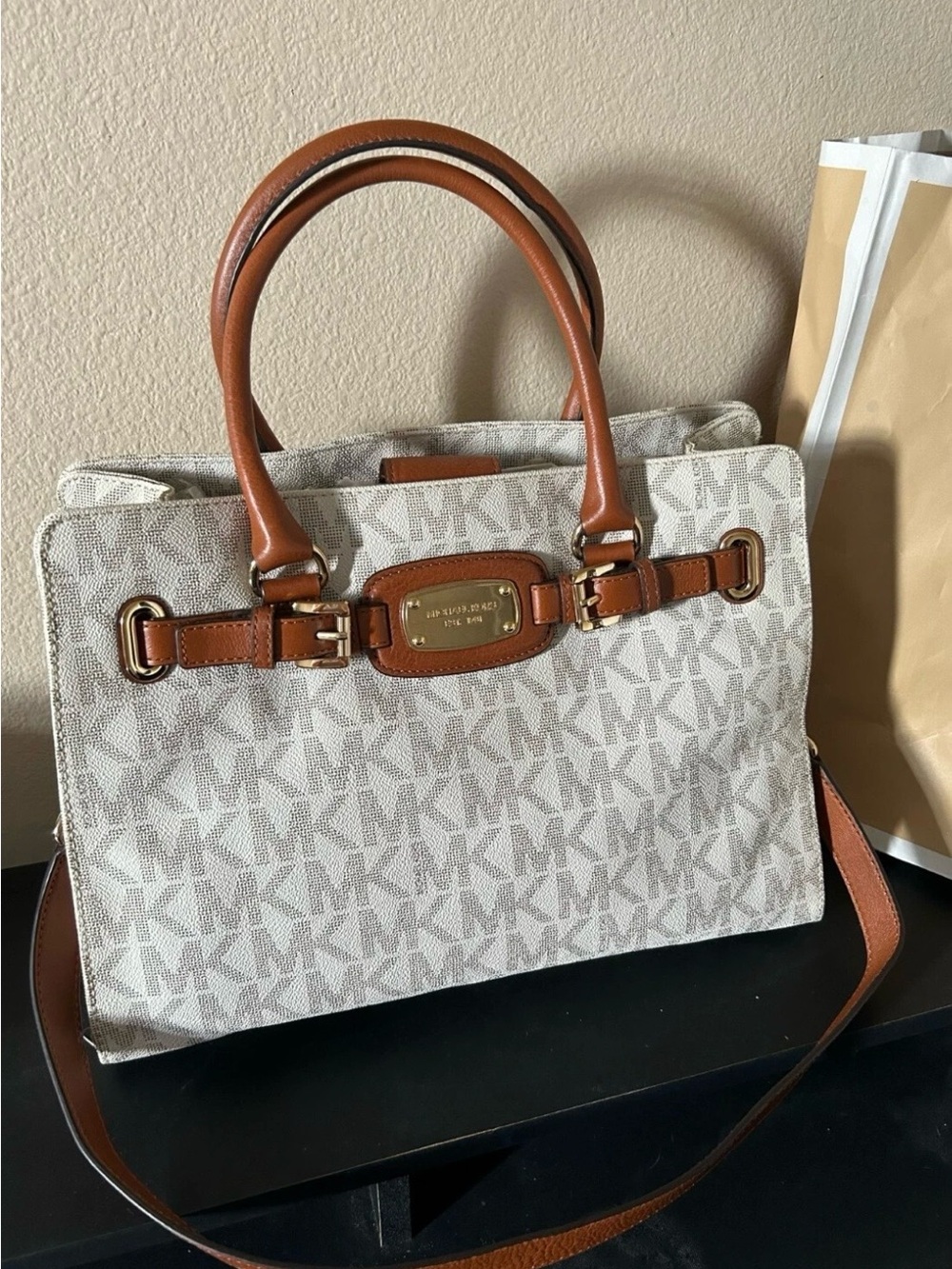 Michael Kors Beige/Vanilla Monogram Satchel with Brown Trim